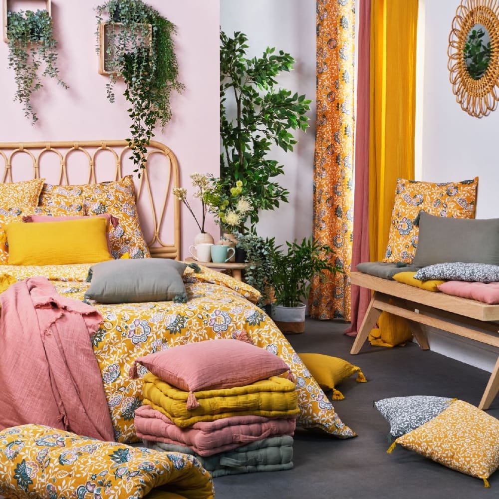 Parure de lit coton 2 personnes imprimé floral 240x260 cm Jaune - Maisons du Monde