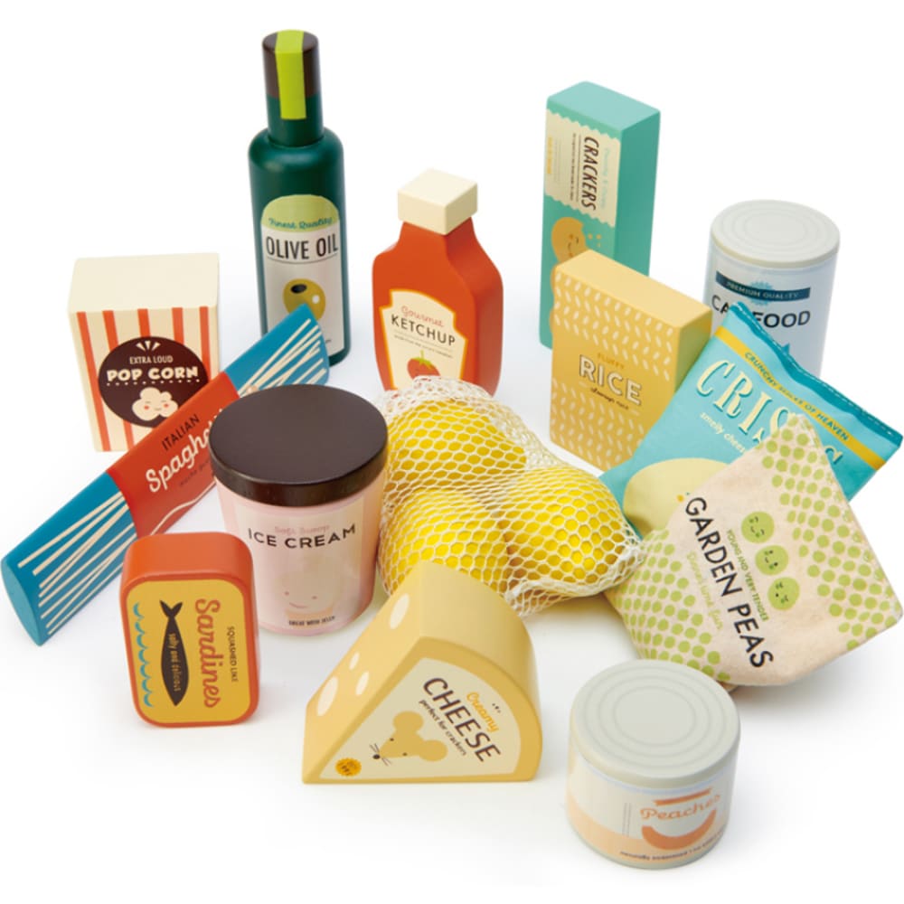 Set productos de mercado de madera y tela