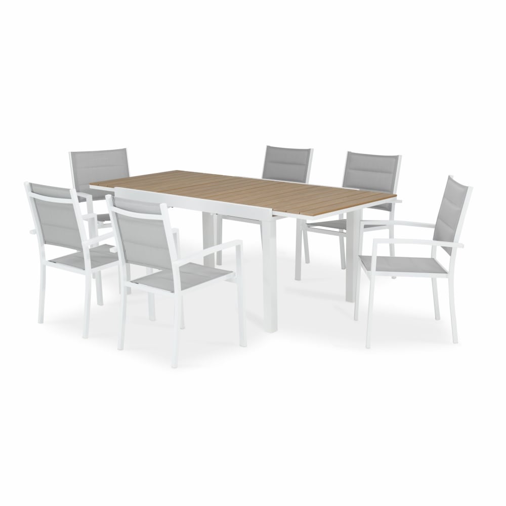 Ensemble de jardin 200/140×90 cm et 6 chaises en aluminium blanc