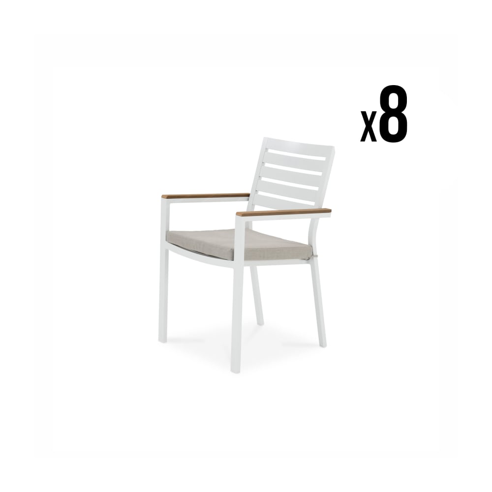 Lot de 8 chaises empilables en aluminium blanc avec coussin
