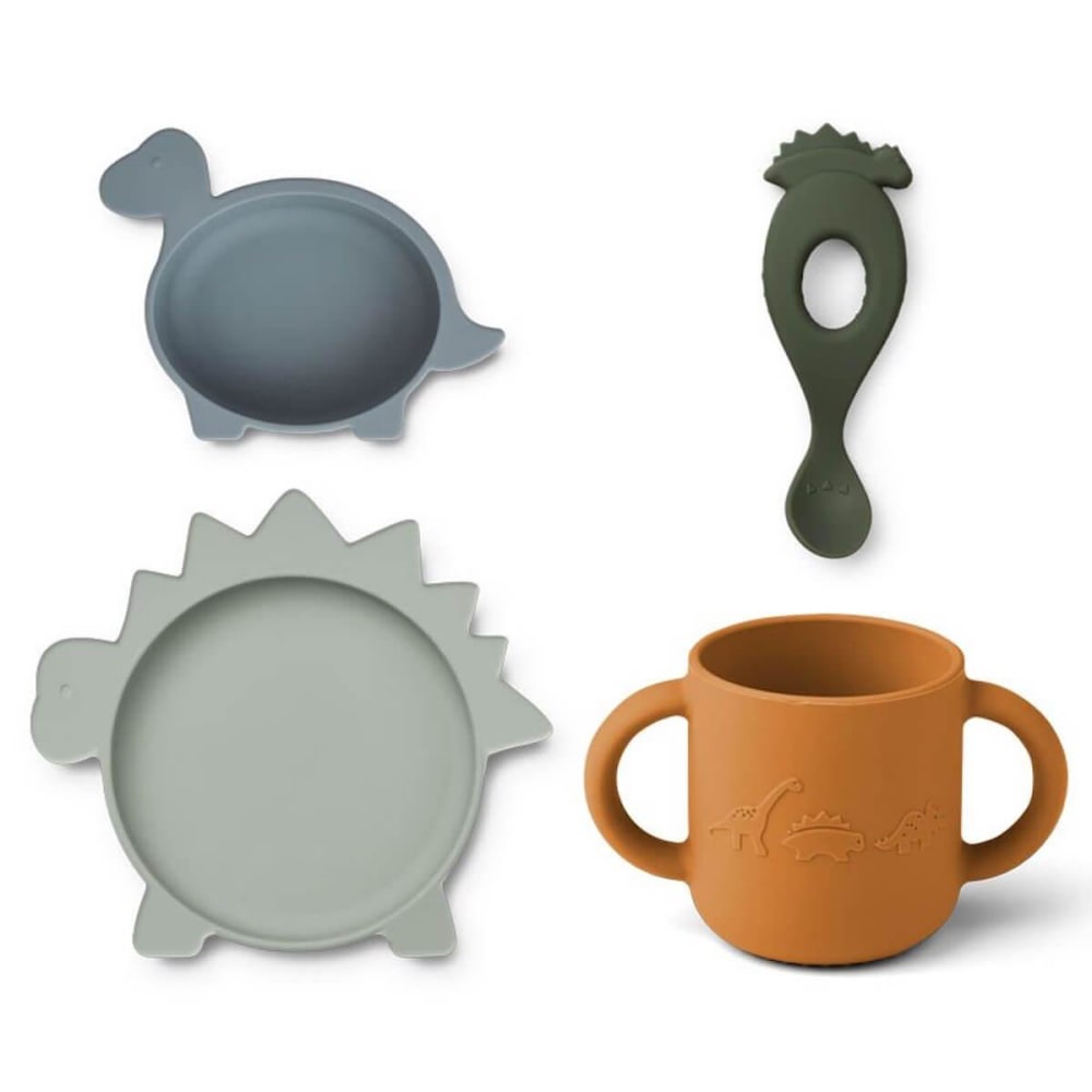 Coffret repas en silicone Vivi Dino bleu, vert et moutarde (4 pièces)