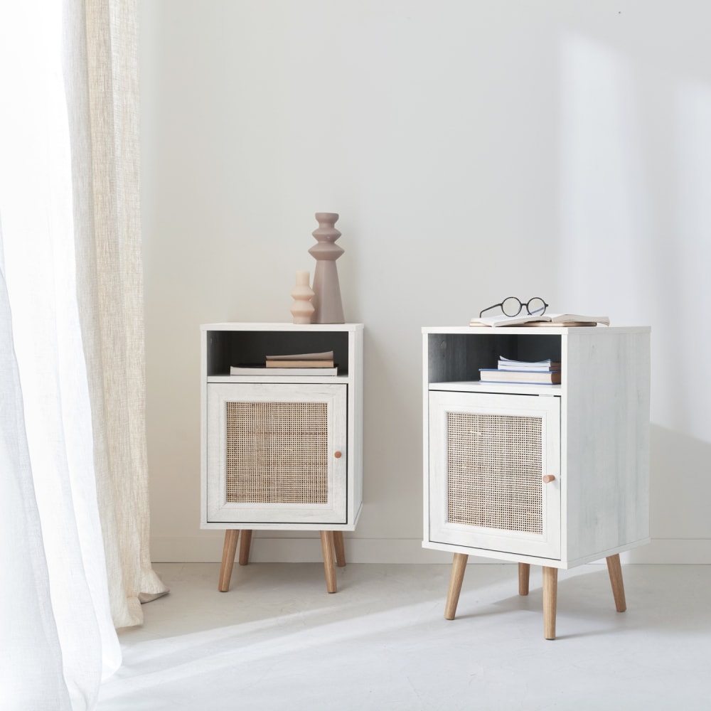 Set 2 mesitas de noche con 1 puerta, de madera y caña trenzada, blanco