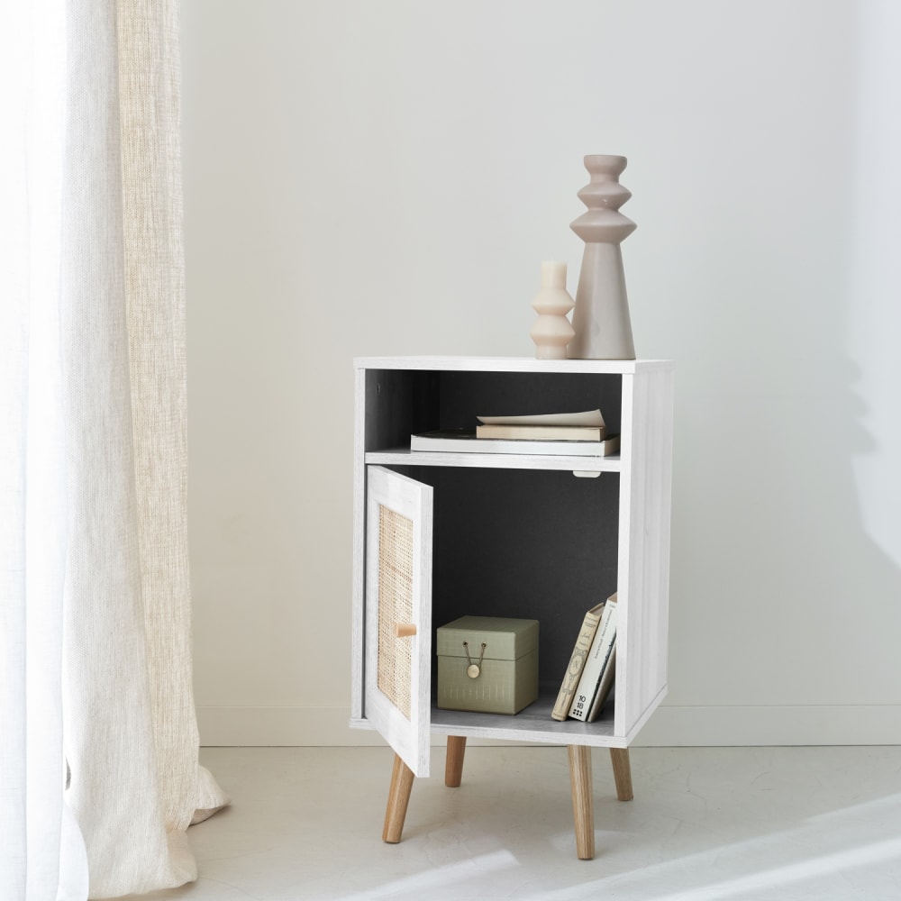 Mesita de noche con 1 puerta, de madera y caña trenzada, blanco