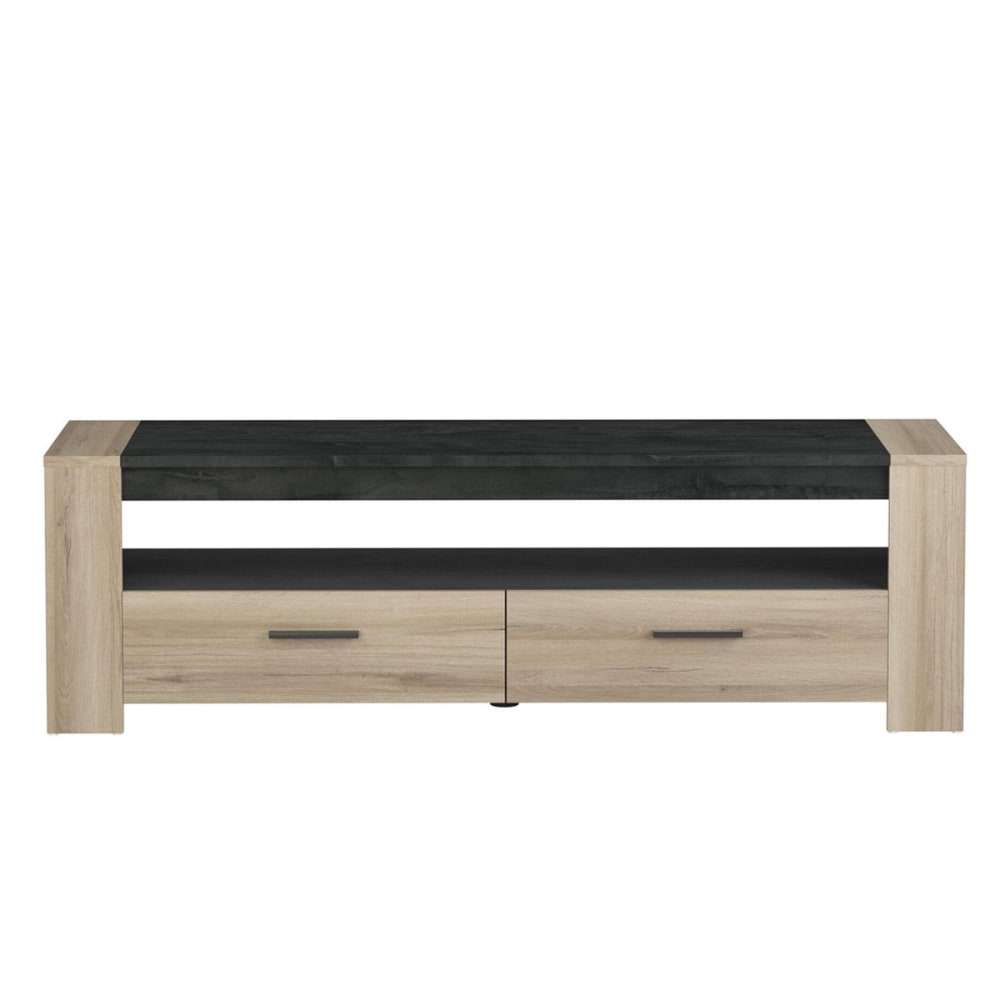 Meuble TV 2 Tiroirs 1 Large Niche L151,7 cm - Décor chêne et ardoise
