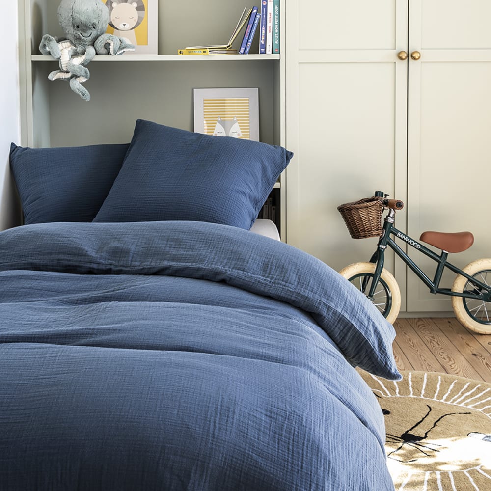 Housse de couette unie en gaze de coton bleu 200x200