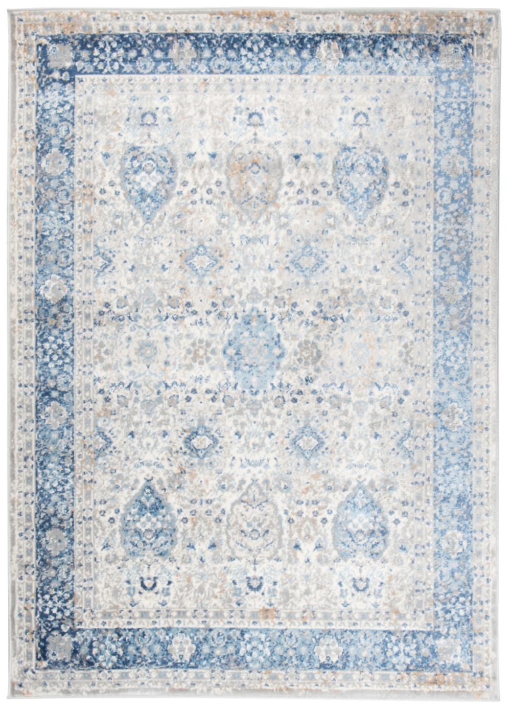 Alfombra de salón comedor clásico azul crema gris flores 140x200