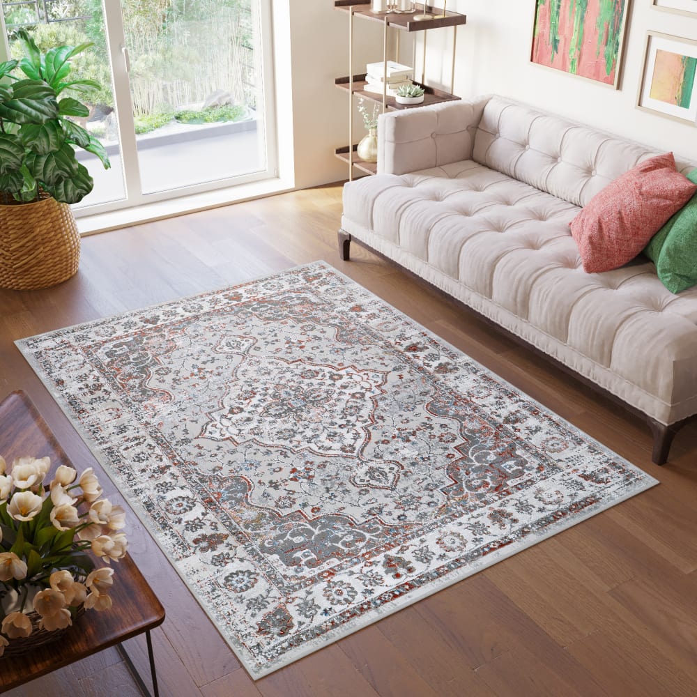 Alfombra para salón comedor clásico rosa gris crema 300x400 - Maisons du Monde