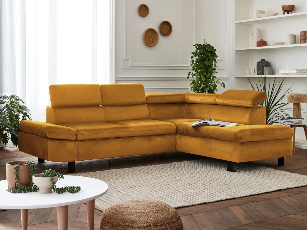 Canapé d'angle droit convertible 5 places en velours jaune