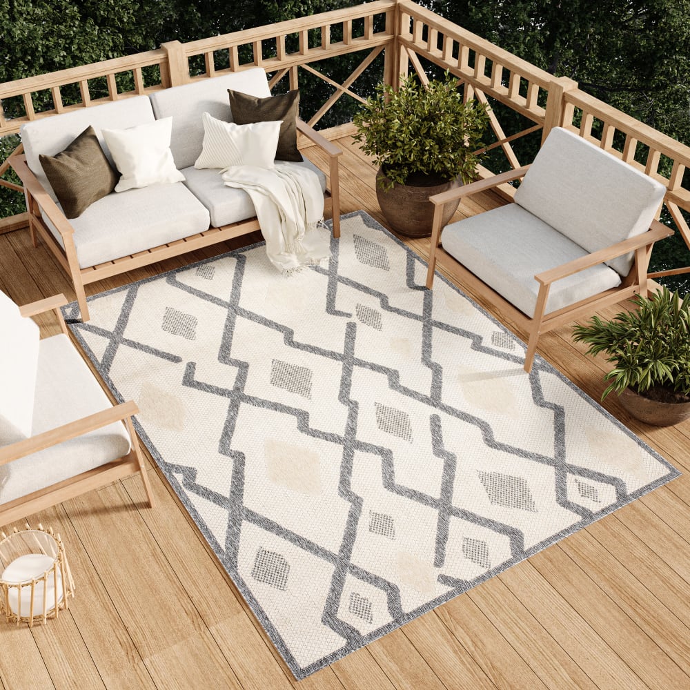 Alfombra exterior interior 3D gris crema beige étnica 140 x 200 cm - Maisons du Monde