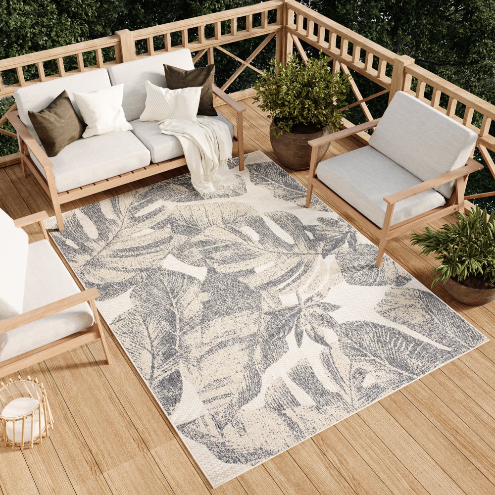 Tappeto esterno interni 3D grigio crema beige foglie 140 x 200 cm