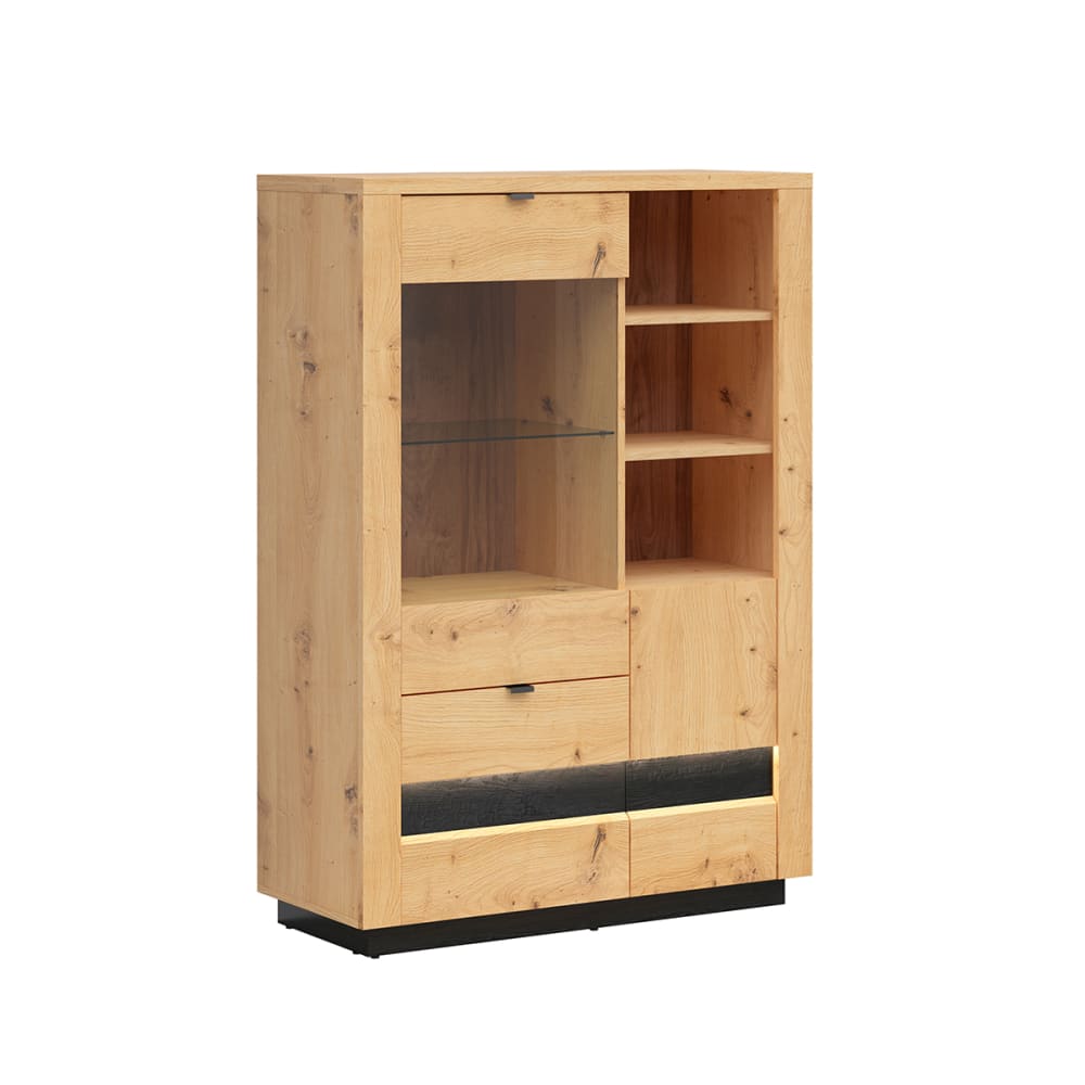 Vaisselier 2 portes 2 tiroirs avec LED stratifiés beige noir