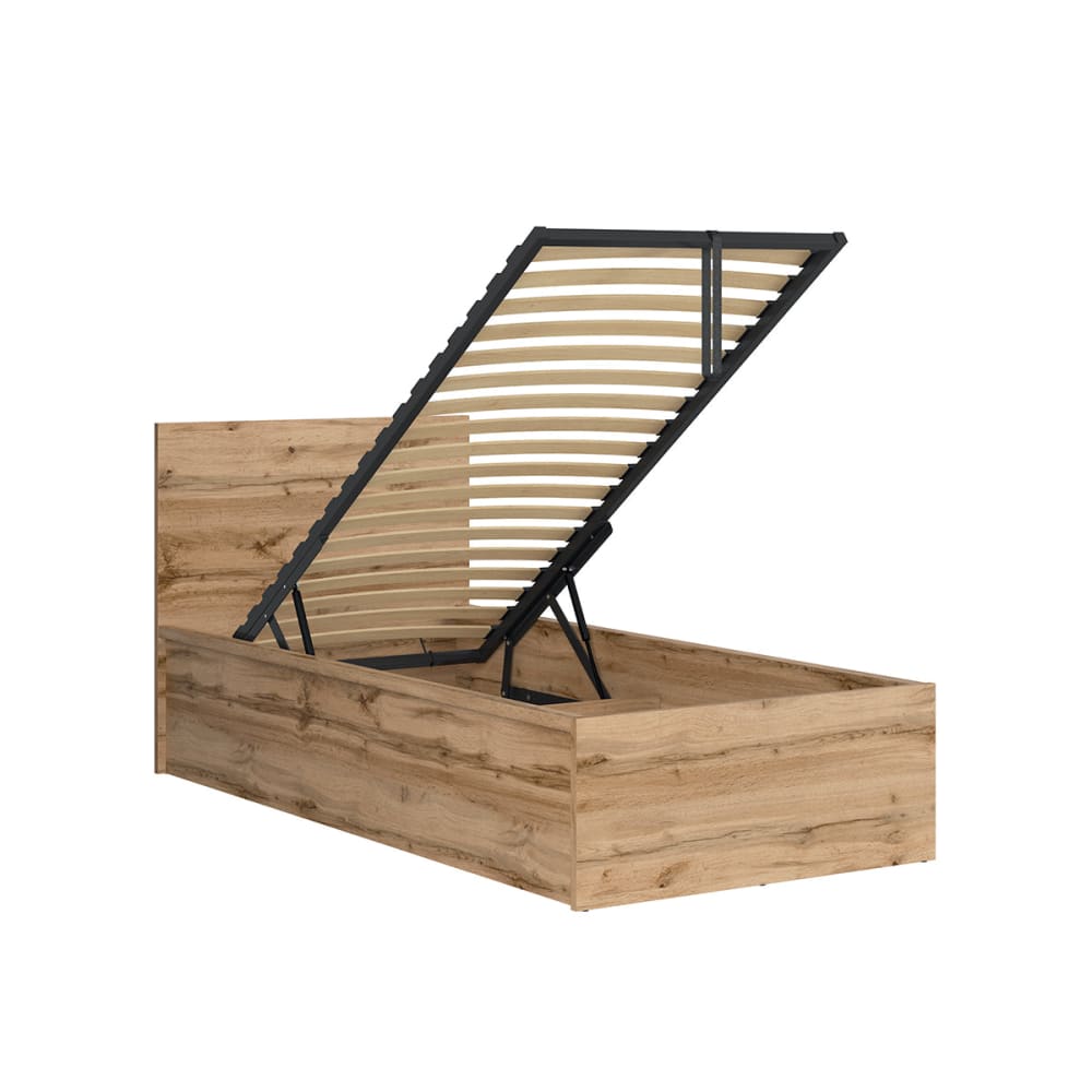 Lit coffre 90x200 sommier inclus panneaux mdf marron
