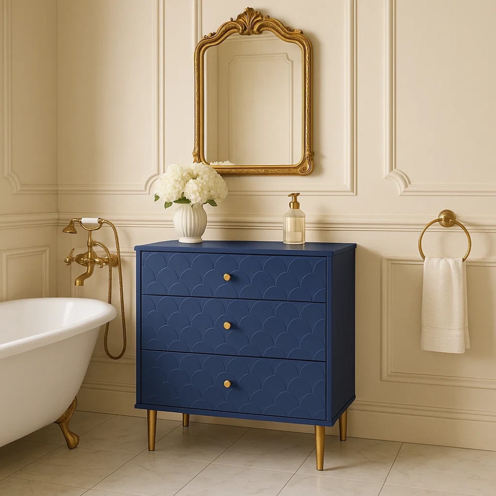 Marineblauer Badezimmerschrank mit 3 Schubladen und Goldenen
