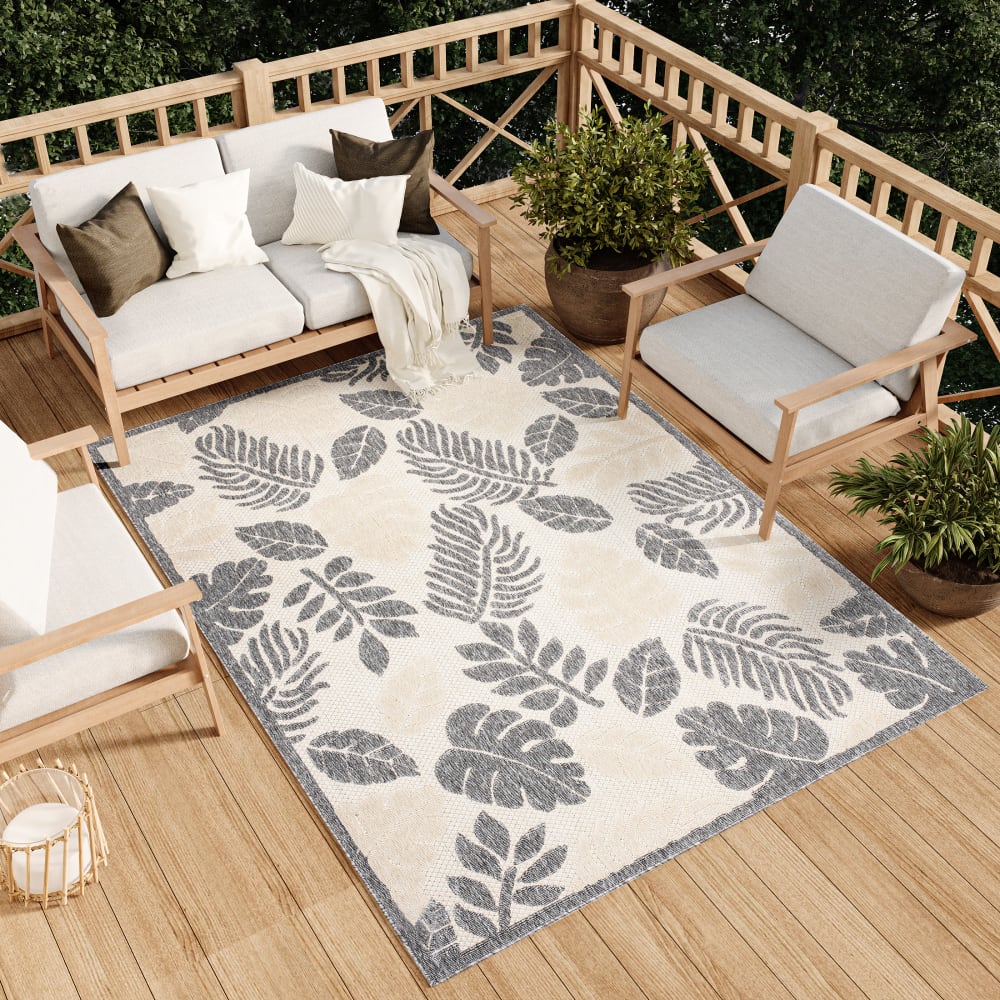 Alfombra exterior interior 3D gris crema beige hojas 200 x 300 cm - Maisons du Monde