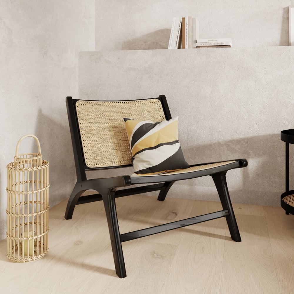Fauteuil en teck noir et tressage cannage en rotin