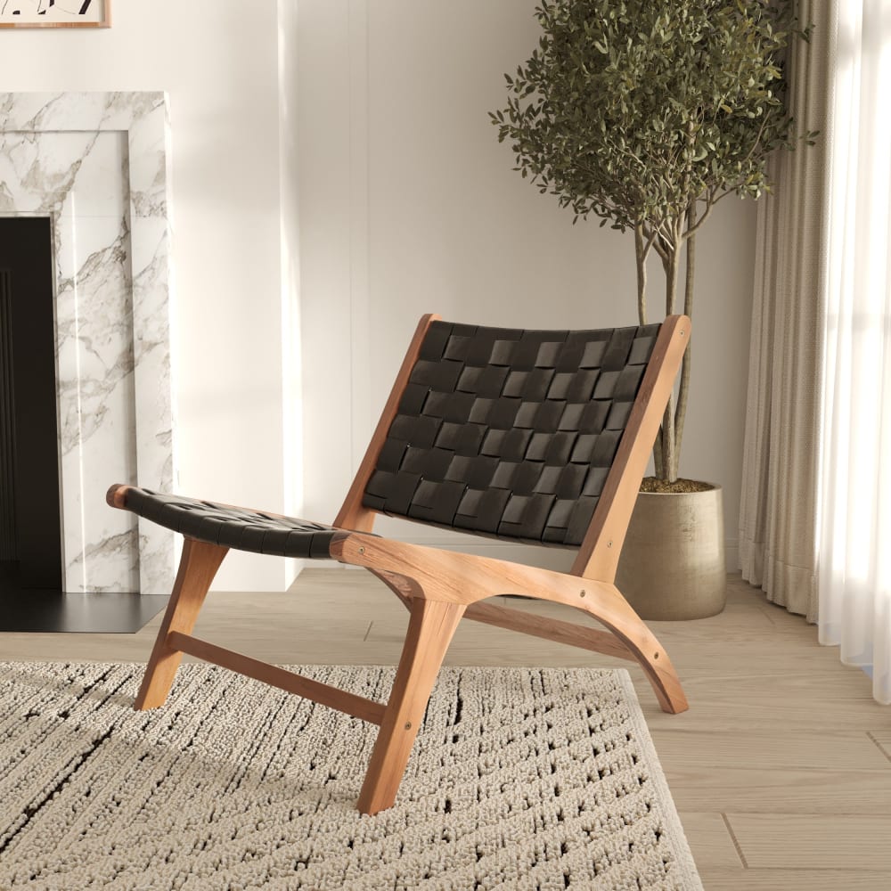 Poltrona in teak e pelle intrecciata nera - Maison Pavane