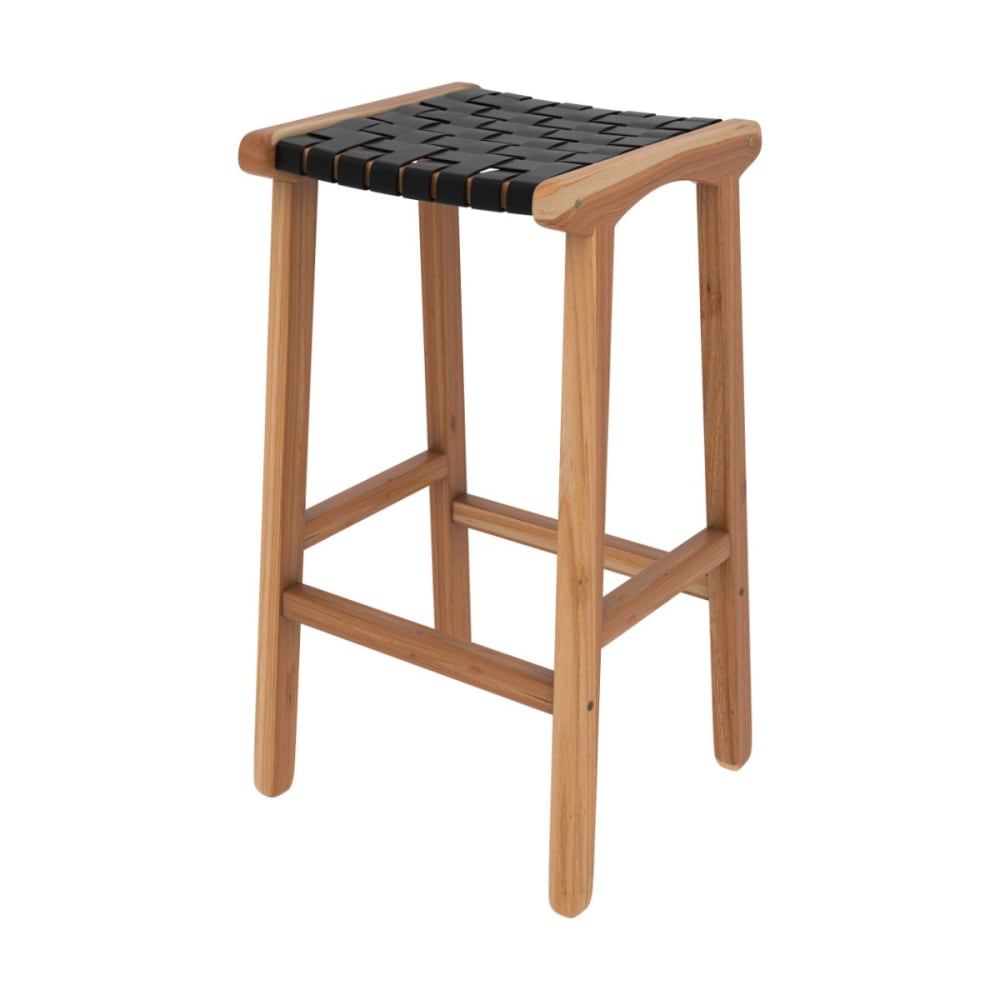Maison Pavane Tabouret pour îlot central 68 cm en teck et cuir tressé noir style vintage Noir Cuir - 40x68x38cm