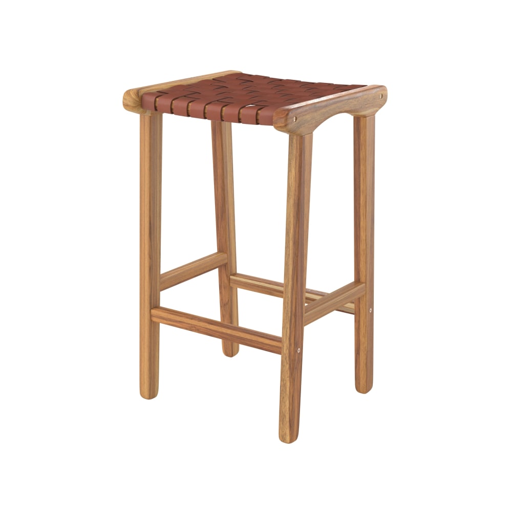 Taburetes para isla de cocina de teca y cuero tejido marrón 66 cm