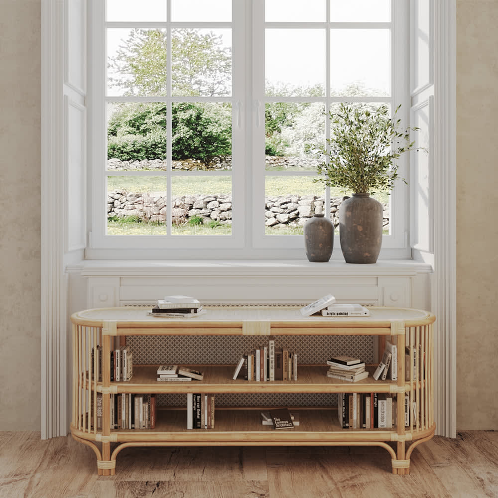 Konsole aus natürlichem Rattan mit Regalen, 140 cm - Maisons Du