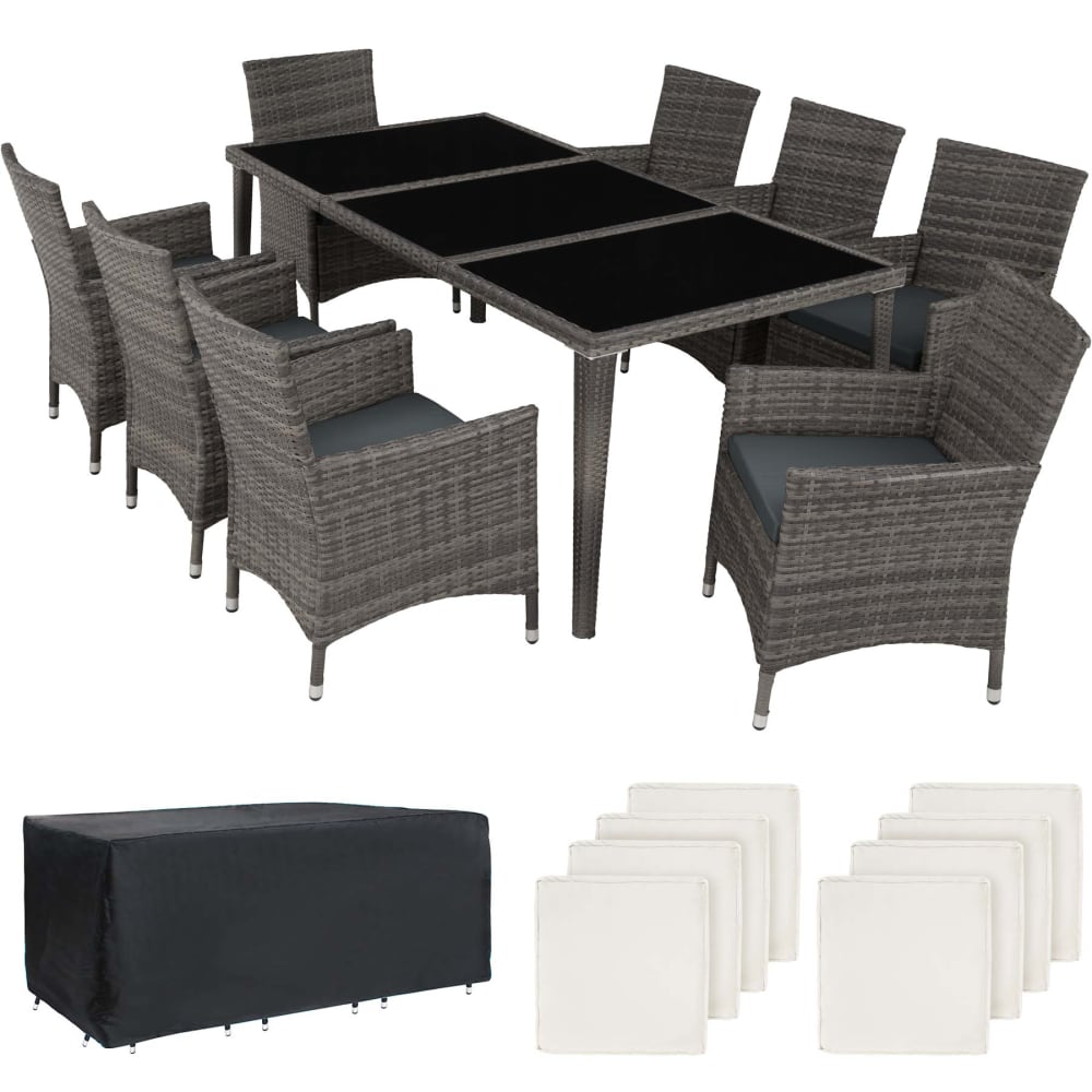 Set di 9 pezzi salottino, polyrattan, alluminio, , resistente,