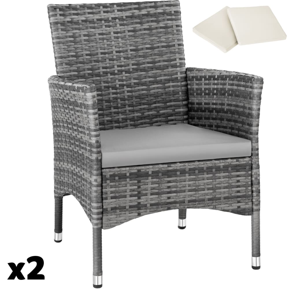 2 fauteuils de jardin en rotin avec 2 sets de housses gris clair