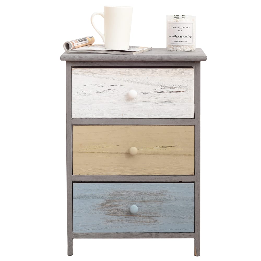 Table de chevet colorée avec 3 tiroirs en bois gris bleu et blanc - Maisons du Monde