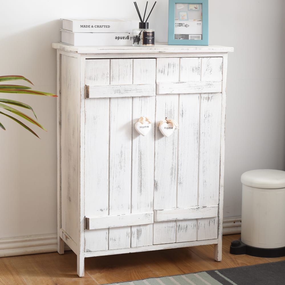 Commode avec boutons en forme de coeur à 2 portes en bois blanc