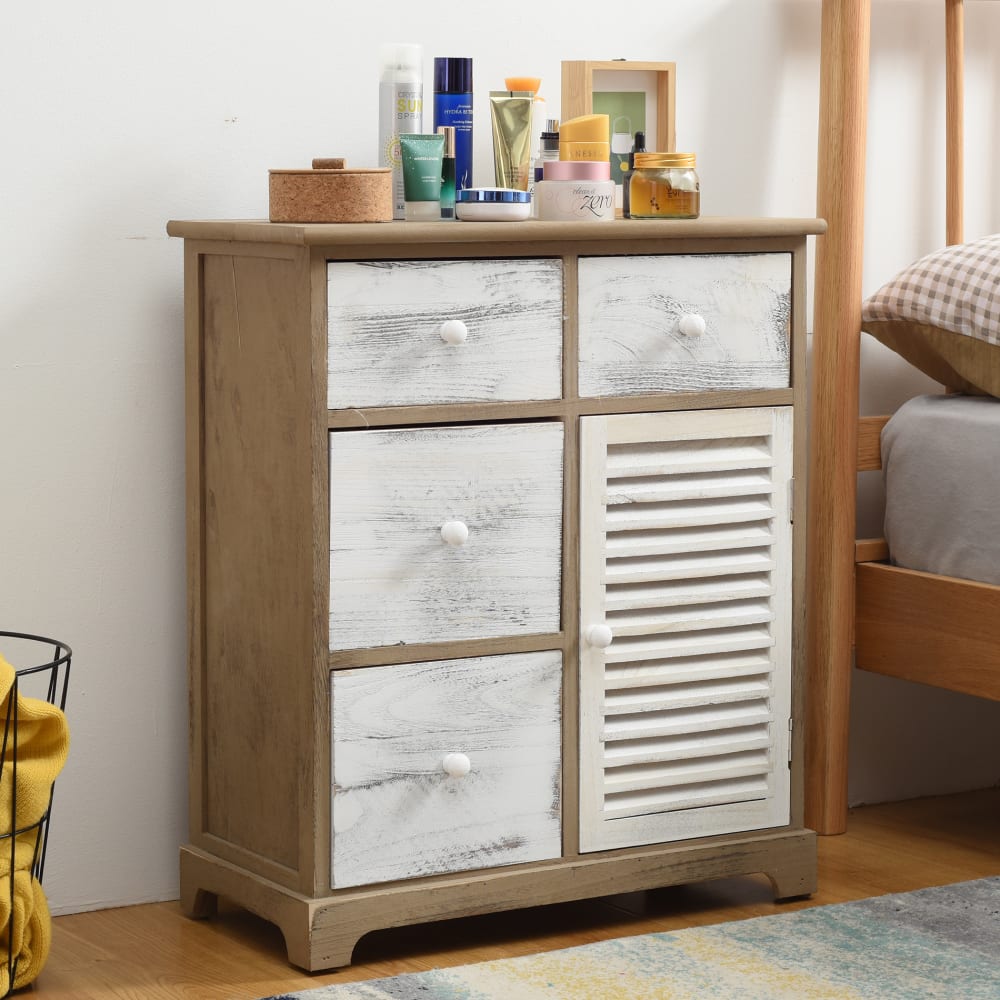 Commode effet vieilli avec 4 tiroirs et 1 porte en bois brun et gris