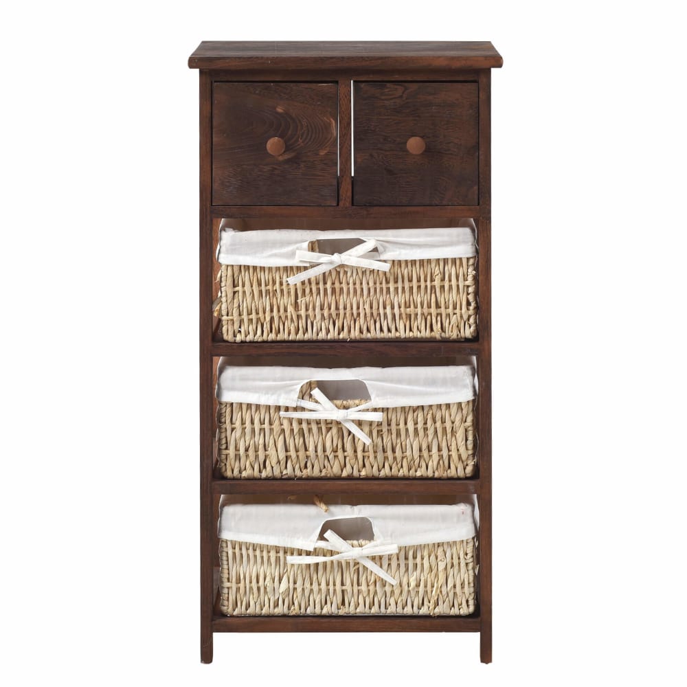 Mobili Rebecca Kommode mit 5 Schubladen aus Holz und Korbgeflecht style landhaus Braun Holz