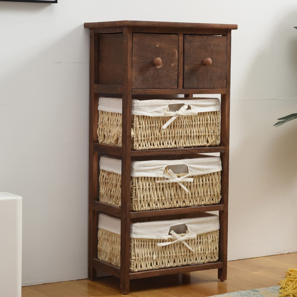 Commode de rangement avec 5 tiroirs en bois et osier marron et beige