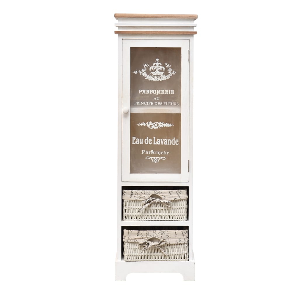 Vitrina de 2 cajones y 1 puerta de madera y mimbre blanca