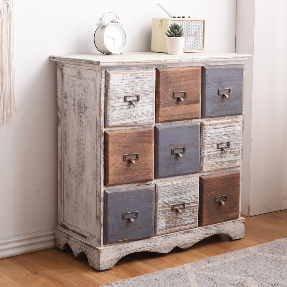 Commode effet vieilli  avec 9 tiroirs en bois blanc brun et gris