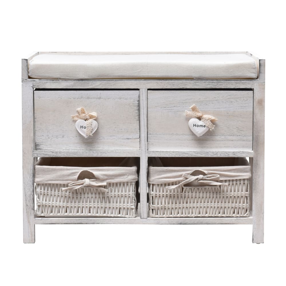 Panca contenitore cuori con 4 cassetti in legno e vimini bianco - Modello Vintage - LEGNO