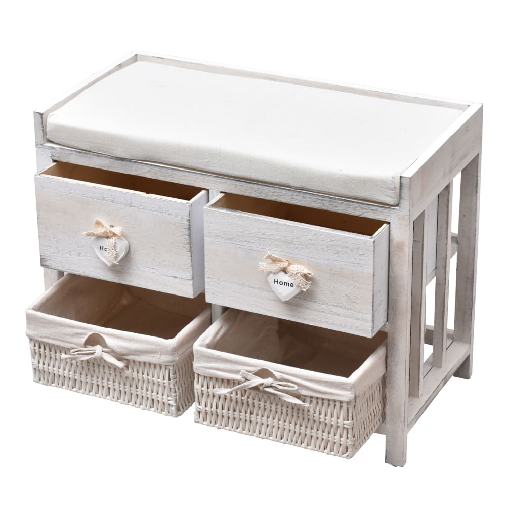 Banc coffre coeurs avec 4 tiroirs en bois et osier blanc