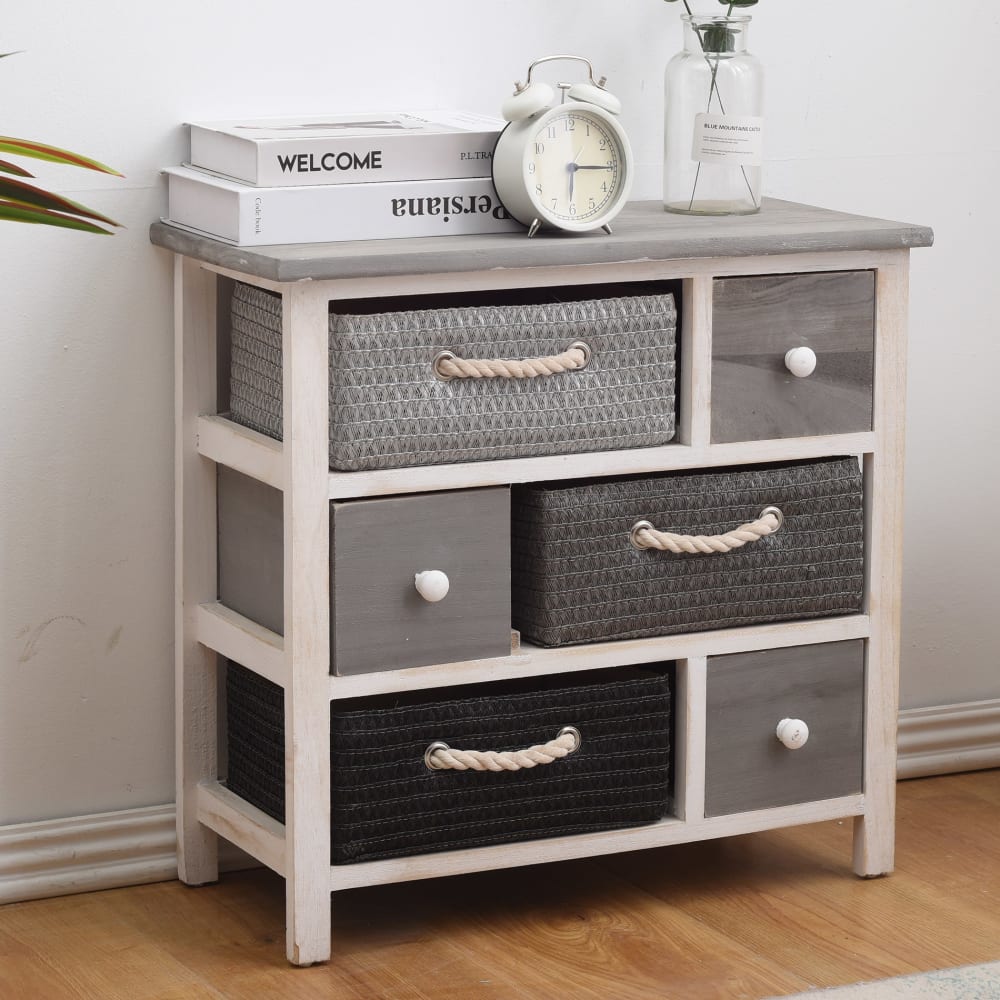 Chifonier baja con 6 cajones en madera y tela gris y blanco - Maisons du Monde