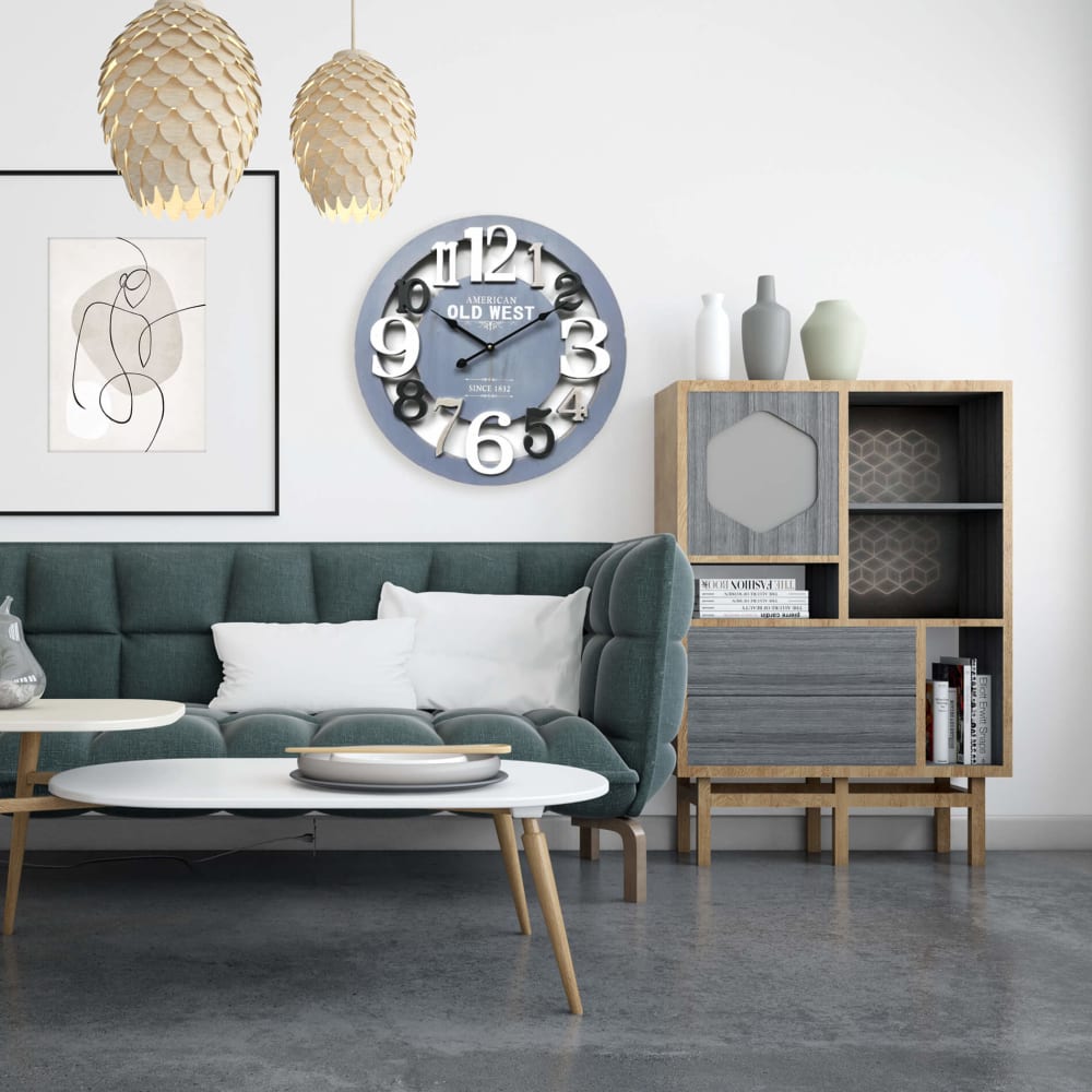 Orologio intagliato in legno grigio bianco e nero ø 55 cm -