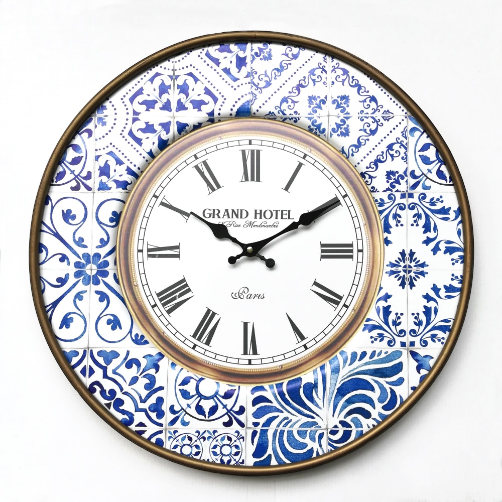 Reloj redondo de metal blanco y azul d. 50 cm
