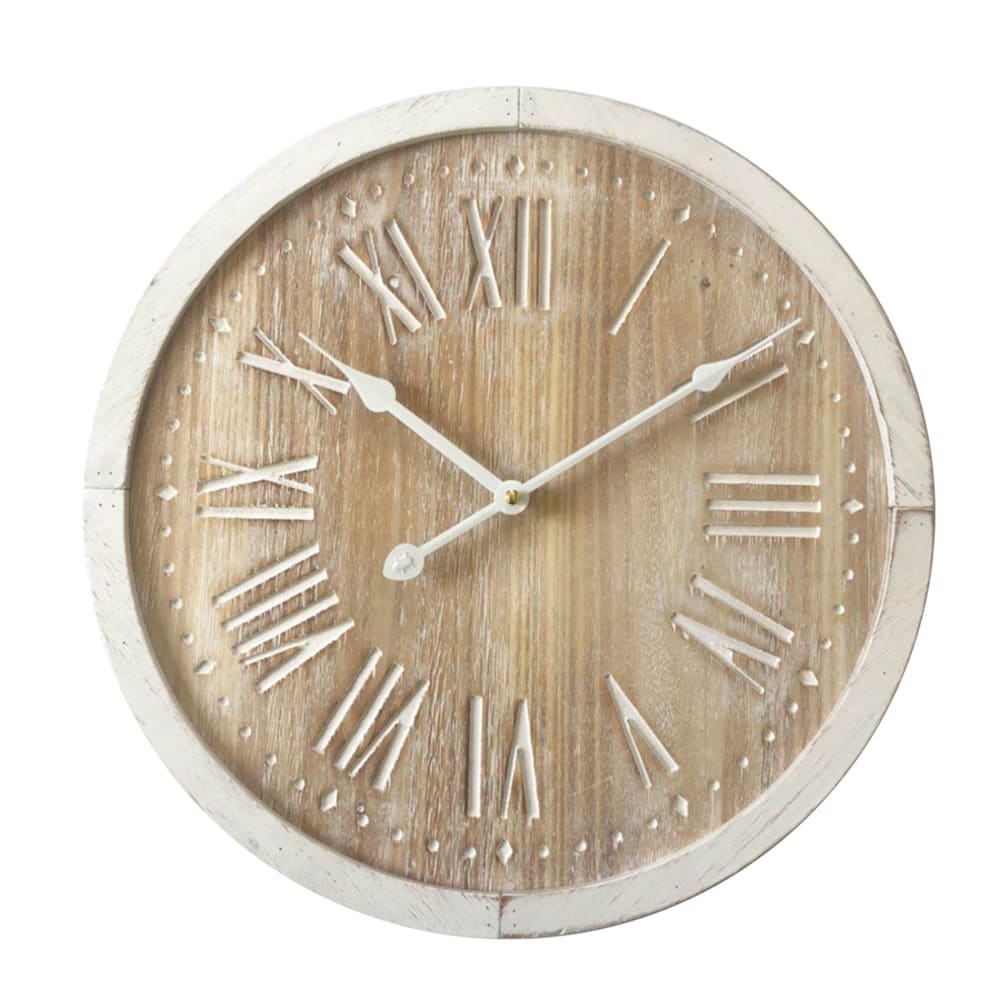 Mobili Rebecca Horloge murale à chiffres romains effet bois blanc et marron ø 40 cm style vintage - Panneau De Particules