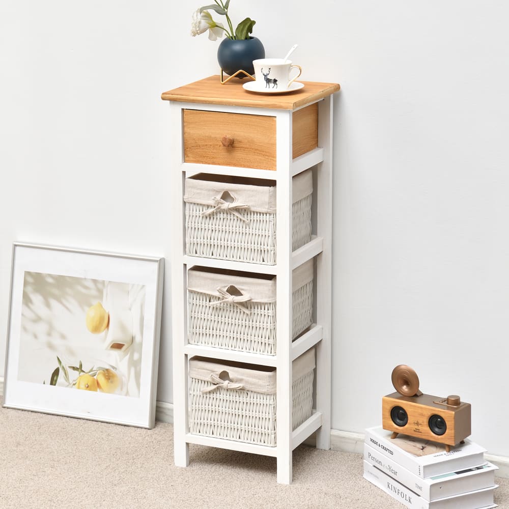 Chiffonnier étroit à 4 tiroirs en bois et osier blanc et brun