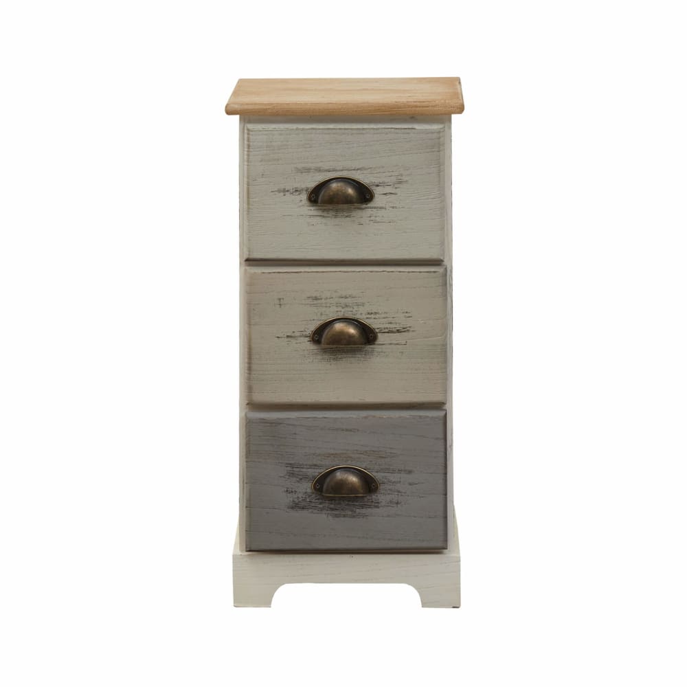 Mesita de noche con 3 cajones de madera blanca, beige y gris