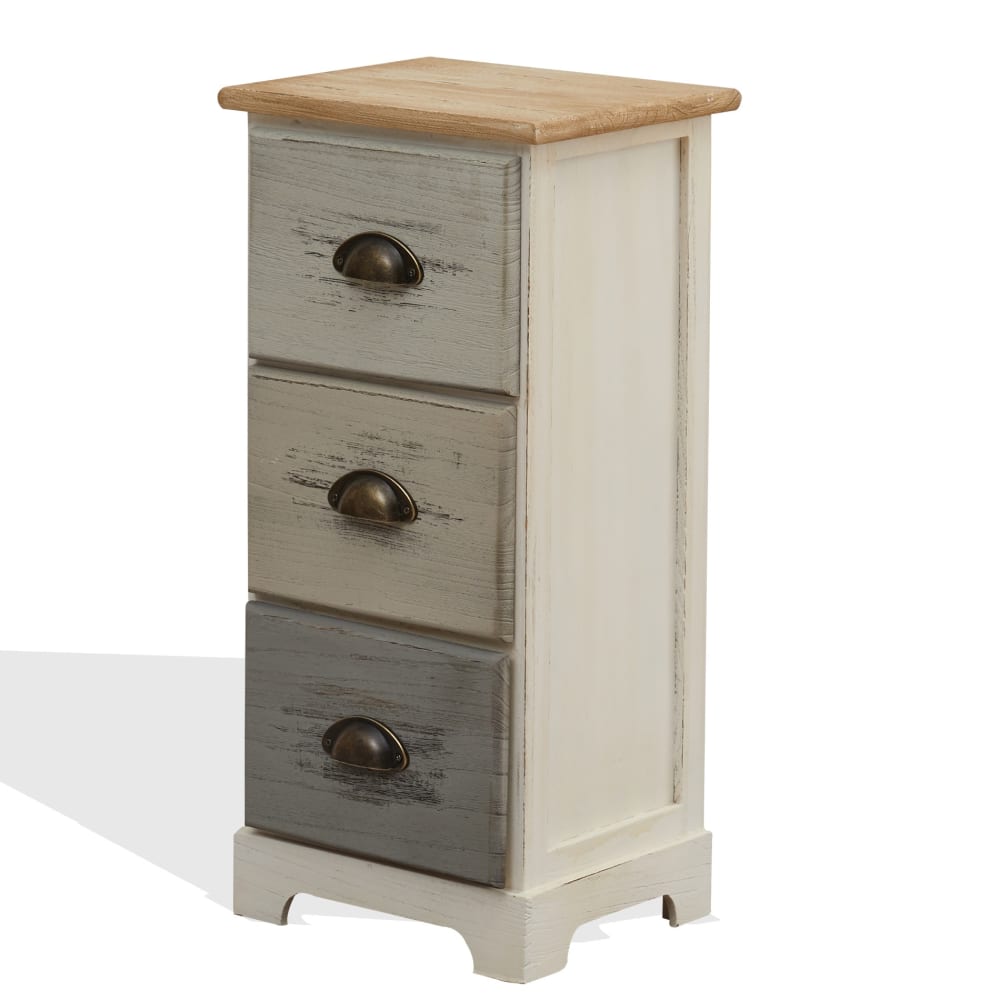 Comodino colorato con 3 casetti in legno bianco e beige e grigio