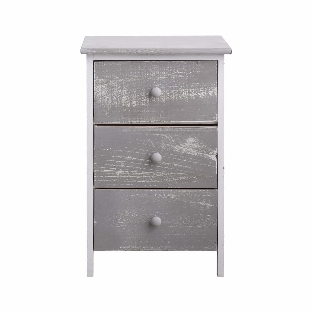 Mesita de noche con 3 cajones de madera gris y blanca