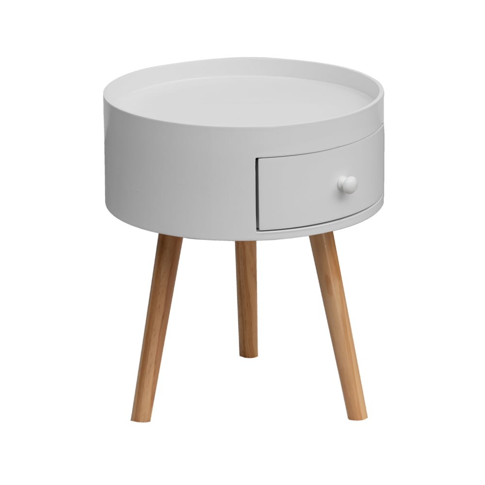 Table de chevet ronde 1 tiroir en bois marron et blanc