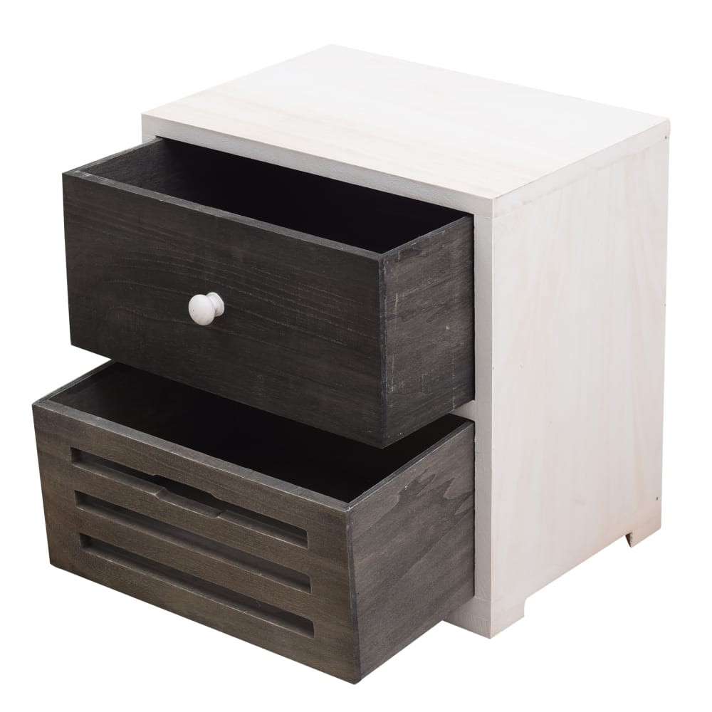 Comodino intagliato con 2 cassetti in legno bianco e grigio -
