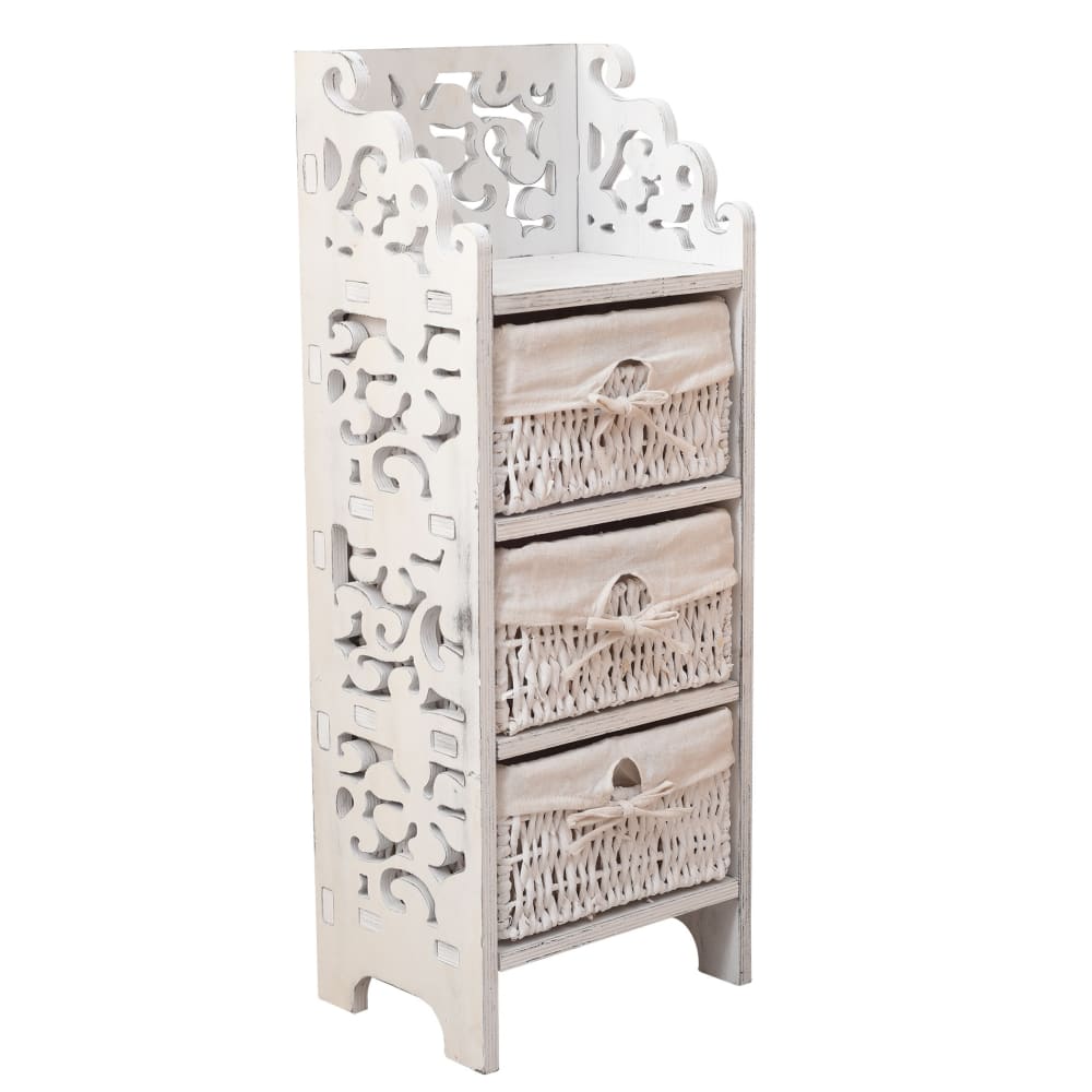 Mesita de noche tallada con 3 cajones de madera y mimbre blanca - Maisons du Monde