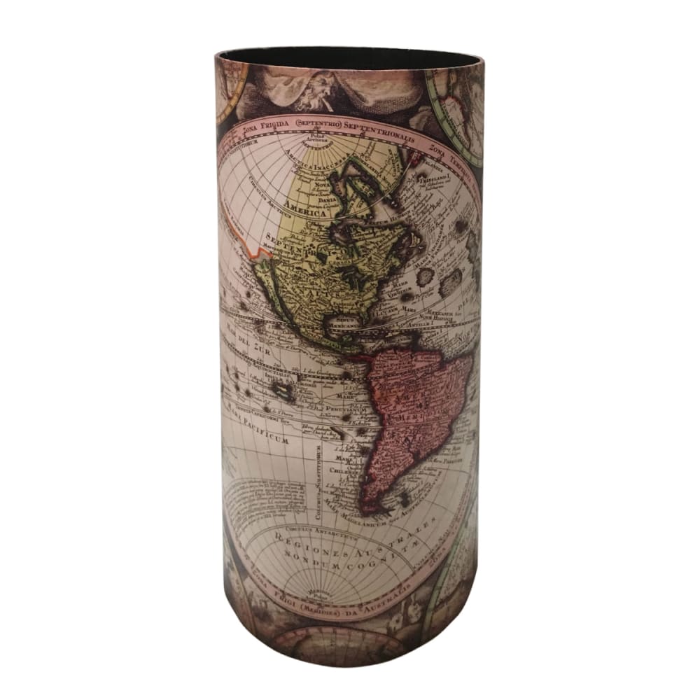 Porte parapluie carte du monde ronde en toile bois blanche et beige