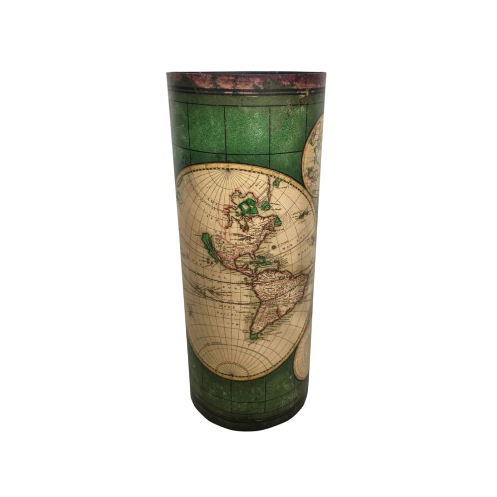 Porte parapluie  rond en toile bois carte du monde beige et vert
