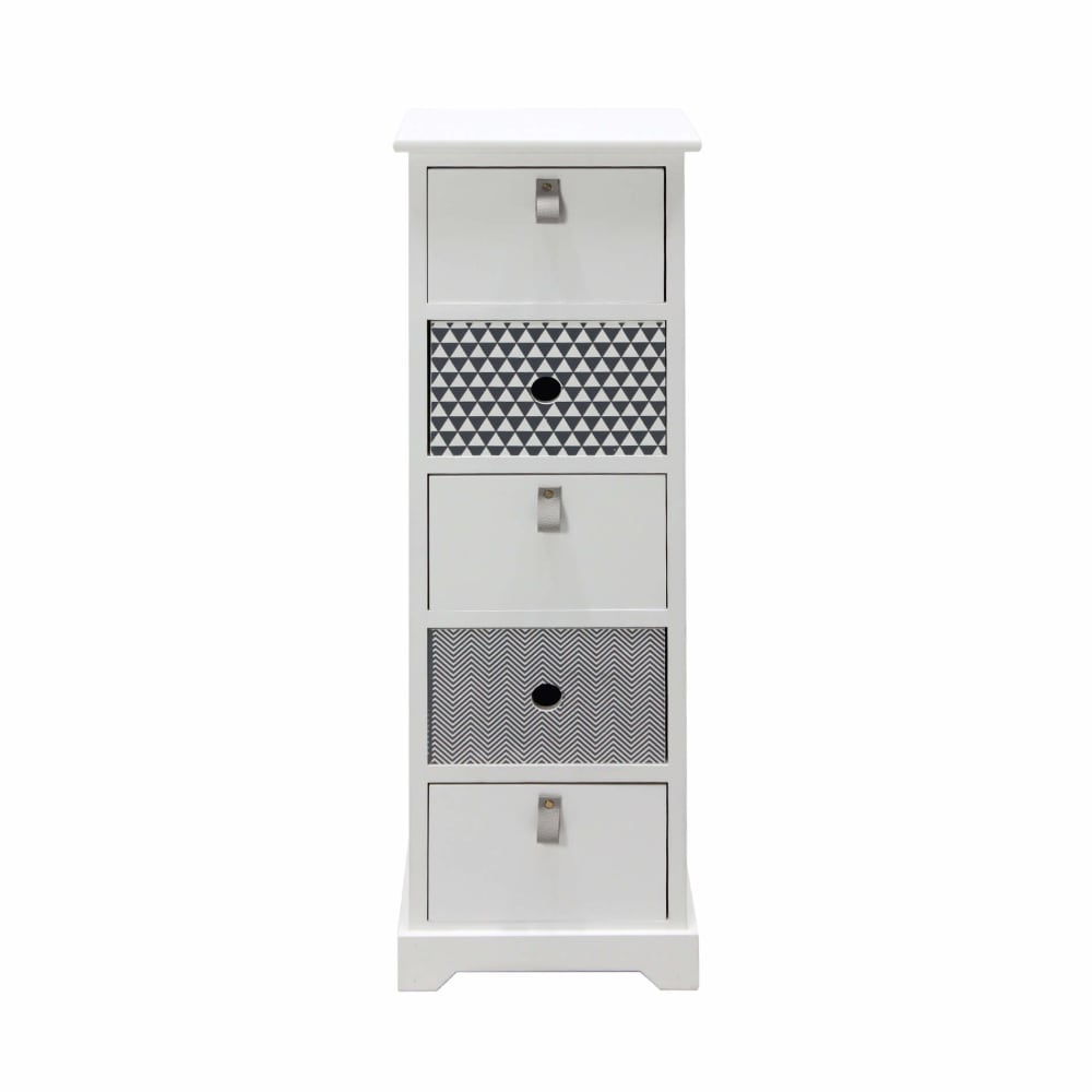 Cassettiera con stampe 5 cassetti in legno bianco e grigio - Modello Vintage - LEGNO