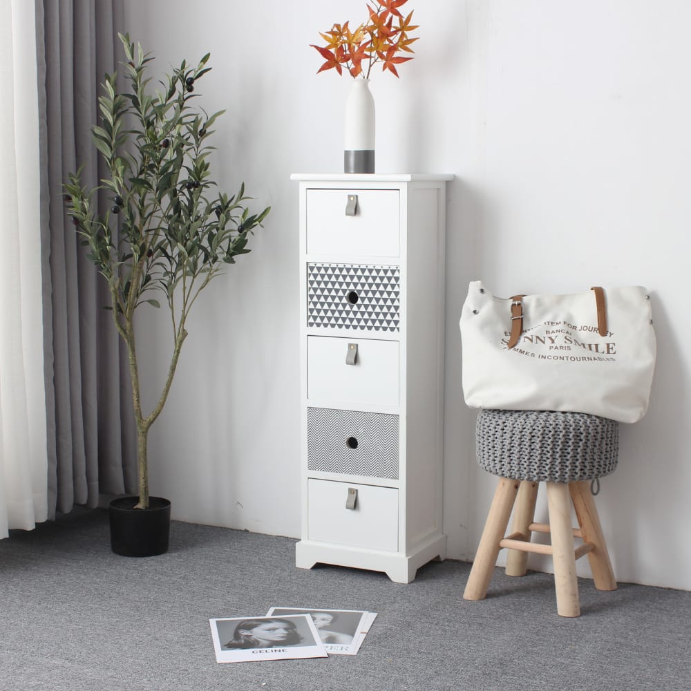 Cassettiera con stampe 5 cassetti in legno bianco e grigio -