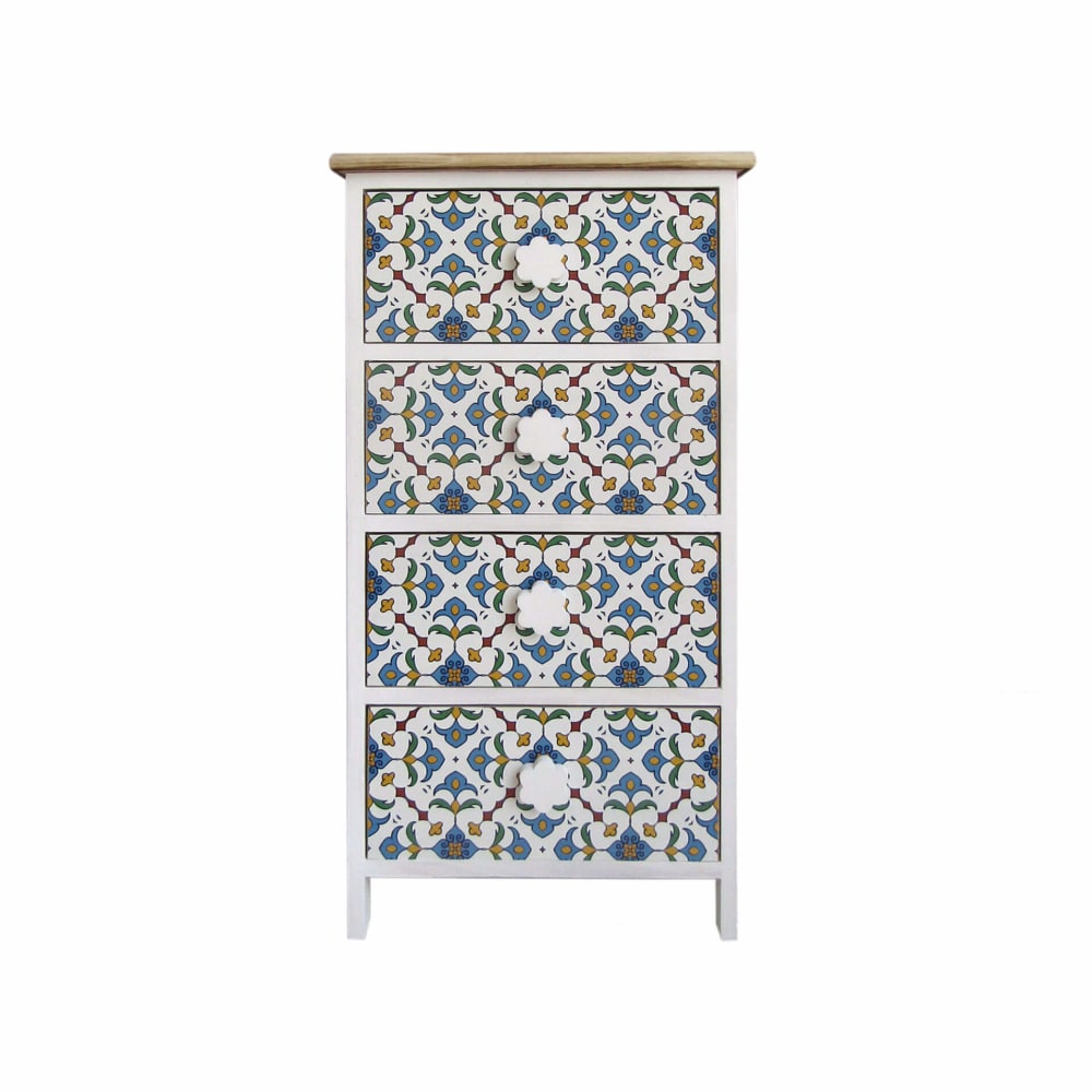 Cajonera en madera con 4 cajones decoración mayólica blanca y azul